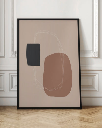 A minimalist abstract artwork in a black frame. The piece features a dark charcoal rectangle and a larger, organic terracotta brown shape on a dusty pink background. A thin, white, scribbled line loops loosely around both shapes, connecting them. Decor