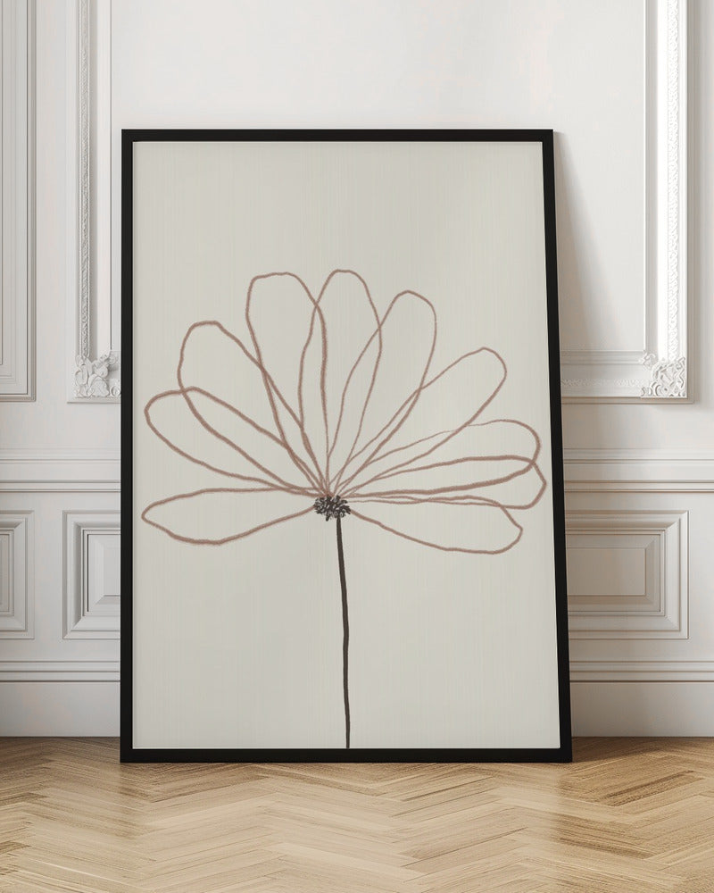 A minimalist line drawing of a flower with dusty rose colored petals against a cream background. The flower is drawn with delicate, overlapping loops creating the petals, and has a dark brown stem and center. The artwork is presented in a thin black frame. Wall Art