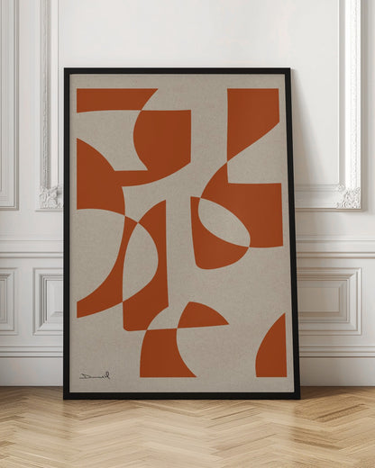 A framed abstract art piece with bold, burnt-orange shapes that are both curved and angular, overlapping on a textured, light beige background. A simple signature is in the bottom-left corner. Poster