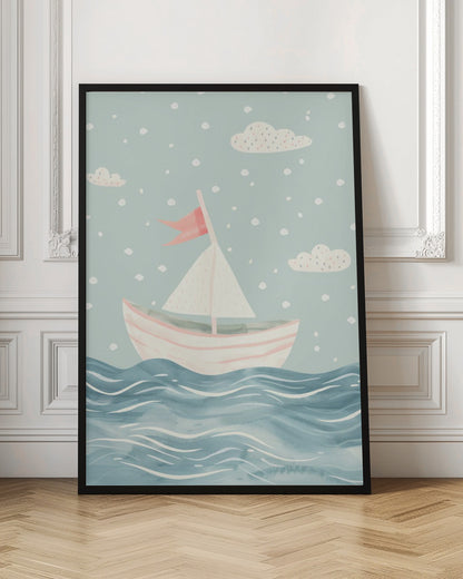 A whimsical illustration of a pink and white sailboat on a wavy blue sea. The sky is a soft, light blue with simple clouds and white polka dots, giving the art a dreamy, storybook feel. The entire piece is framed in black. Decor