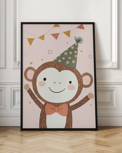 A whimsical illustration of a happy cartoon monkey wearing a green polka-dot party hat and a salmon-colored bow tie. The monkey is smiling with its arms raised in celebration against a light pink background with confetti and a string of party bunting overhead. The artwork has a textured, painted look and is enclosed in a black frame. Poster