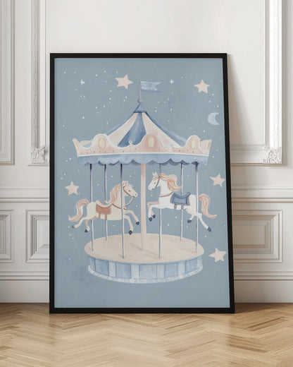 A whimsical watercolor illustration of a carousel with two horses against a soft blue background dotted with stars and a crescent moon. The merry-go-round has a blue and cream striped canopy. Print