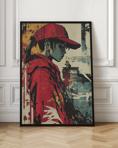A stylized illustration of a person in profile with teal-toned skin, wearing a bright red backwards baseball cap and a matching red hoodie. The background is an abstract, distressed collage of yellow, teal, and off-white, giving the piece a gritty, street art aesthetic. Poster