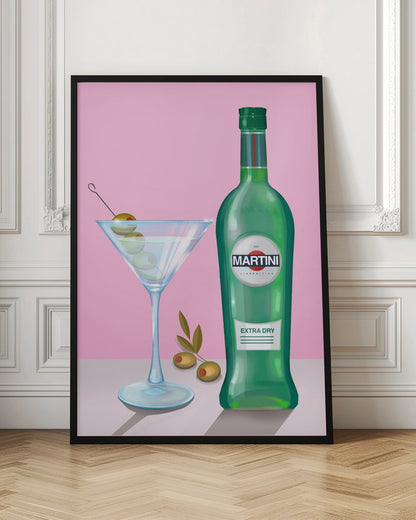 A stylized illustration of a green bottle of Martini Extra Dry vermouth next to a classic martini glass filled with a clear cocktail and garnished with three green olives on a pick. The scene is set on a light grey surface against a solid pink background, all enclosed in a thin black frame. Poster