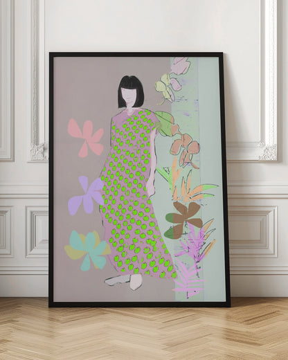 A contemporary fashion illustration of a woman with a black bob haircut. She wears a long, one-shoulder pink dress covered in a pattern of bright green apples. The background is a mix of muted pink and green, decorated with stylized pastel flowers and botanical drawings. Print