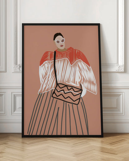 A modern fashion illustration of a stylish woman against a dusty pink background. She wears large white sunglasses, a red and white fringed sweater, a vertically striped skirt, and carries a shoulder bag with a black zigzag pattern. Wall Art