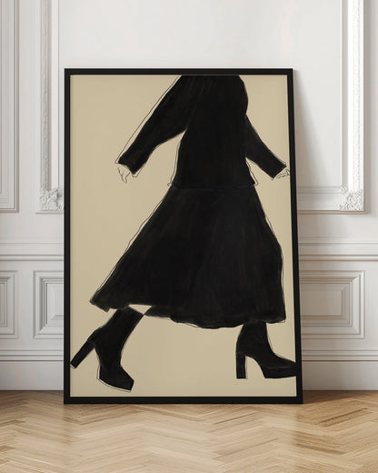 A minimalist fashion illustration of a walking woman, rendered as a black silhouette with a fine white outline against a solid cream background. She wears a long-sleeved top, a long skirt, and chunky platform high-heeled boots. The artwork is presented in a simple black frame. Artwork