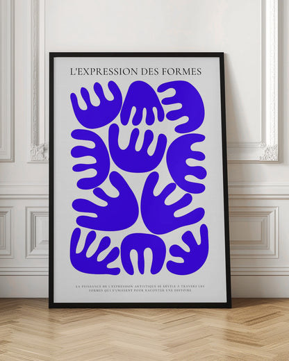 A modern art poster with a black frame titled 'L'EXPRESSION DES FORMES'. The artwork features a collection of abstract, organic, hand-like shapes in a vibrant cobalt blue arranged against an off-white background. There is smaller French text at the bottom. Wall Art