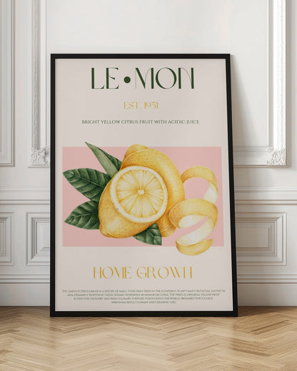 A vintage-style poster about lemons featuring a detailed illustration of a whole and sliced lemon with leaves against a pink background. The poster has text elements like 'LE•MON', 'EST. 1951', and 'HOME GROWN' in a classic font. Print