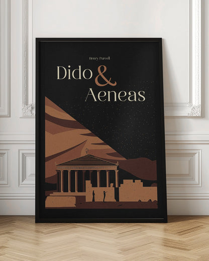 A minimalist poster for Henry Purcell's opera 'Dido & Aeneas'. Against a black, starry night sky, the title is written in elegant cream and brown fonts. The lower portion illustrates an ancient classical temple and ruins in various shades of brown, with two small silhouetted figures standing nearby. Print