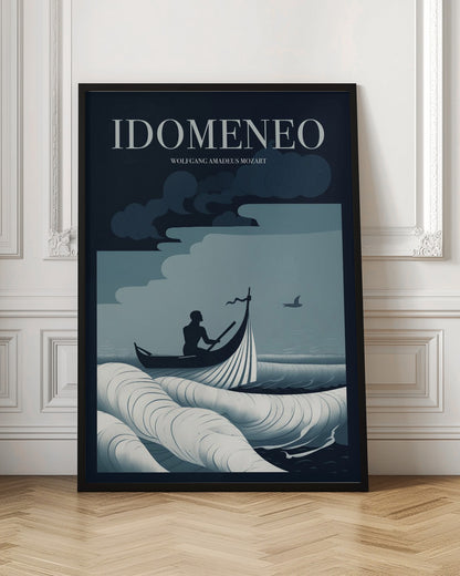 A minimalist poster for Wolfgang Amadeus Mozart's opera 'Idomeneo', featuring a silhouetted figure in a small boat navigating large, stylized waves under a dark, cloudy sky. The color palette is composed of shades of blue, white, and black. Print