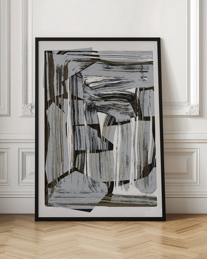 An abstract artwork in a black frame, featuring a dynamic collage of layered shapes and energetic brushstrokes in a neutral palette of gray, black, beige, and white. Artwork