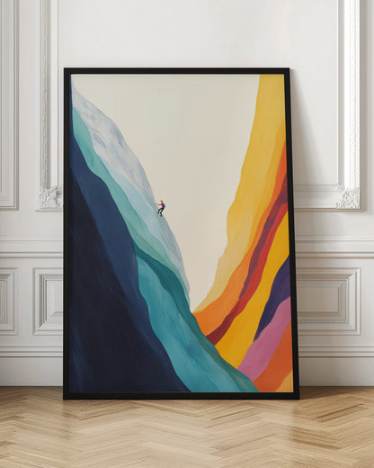 A minimalist illustration of a lone climber scaling a massive, colorful mountain. The left side of the mountain is made of flowing bands of cool blues and whites, while the right canyon wall is composed of warm, vibrant stripes of yellow, orange, red, and purple against an off-white sky. Artwork