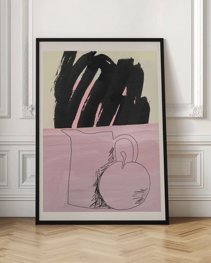 An abstract still life artwork with a split background. The bottom half is a textured pink, featuring a simple black line drawing of a pitcher and a round fruit. The top half is a cream color, dominated by a large, expressive black brushstroke with pink accents showing through. The piece is framed in black. Artwork