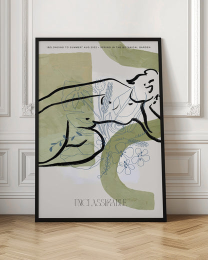 An abstract art print in a black frame, featuring sage green painted shapes on an off-white background. Overlaid are two distinct styles of drawing: a bold, black ink line suggesting a reclining figure, and delicate, blue-gray line art of various flowers and leaves. Text at the top reads 'BELONGING TO SUMMER' and 'SPRING IN THE BOTANICAL GARDEN', and the word 'UNCLASSIFIABLE' is at the bottom. Poster