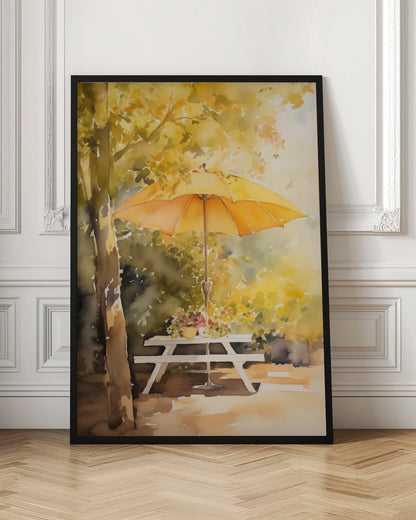 A soft watercolor painting of a sunny autumn scene, featuring a bright yellow-orange umbrella shading a white picnic table under a tree with golden leaves. Artwork