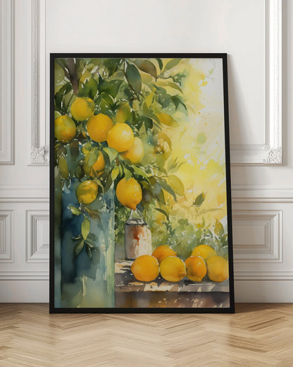 A vibrant watercolor painting of a lemon tree, with ripe yellow lemons nestled among lush green leaves. Some branches are arranged in a tall blue-green vase, while a cluster of freshly picked lemons rests on a wooden table. The background is a bright, sunny yellow, suggesting a warm, sunny day. Artwork