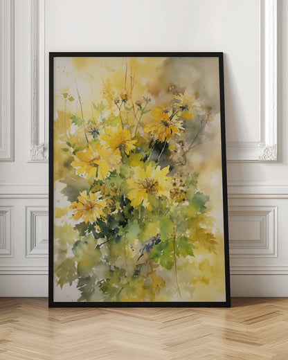 A delicate watercolor painting of a bouquet of vibrant yellow chrysanthemums with lush green leaves, set against a soft, blended background of warm yellows and earthy tones. The artwork is displayed in a thin black frame. Decor