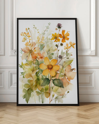 A delicate watercolor painting of a bouquet of wildflowers in shades of yellow, orange, and peach, with soft green leaves and stems against a white background, all within a thin black frame. Poster
