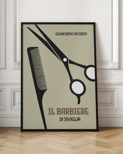 A minimalist poster for Gioachino Rossini's opera 'Il Barbiere di Siviglia'. The design features black silhouettes of a comb and scissors against a beige background. The composer's name and the opera's title are written in stylized fonts. The poster is enclosed in a black frame. Decor