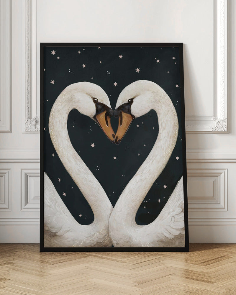 An illustration of two white swans facing each other, their gracefully curved necks forming a perfect heart shape against a dark, starry night sky. Their beaks are touching in the center. Wall Art