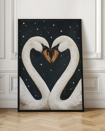 An illustration of two white swans facing each other, their gracefully curved necks forming a perfect heart shape against a dark, starry night sky. Their beaks are touching in the center. Wall Art