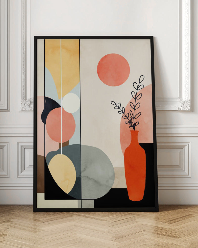 A modern abstract art print in a black frame, featuring a composition of geometric and organic shapes in coral, yellow, blue, and gray. On the right, a red-orange vase holds a black line drawing of a plant, with a large coral circle above it, creating a balanced and minimalist still life. Decor