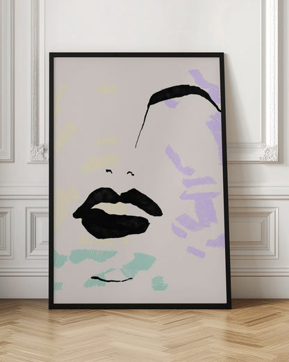 An abstract, minimalist illustration of a woman's face on a beige background, framed in black. Bold black ink defines the lips and a sweeping eyebrow, while areas of the face are filled with scribbled patches of pastel purple, blue, and yellow. Print