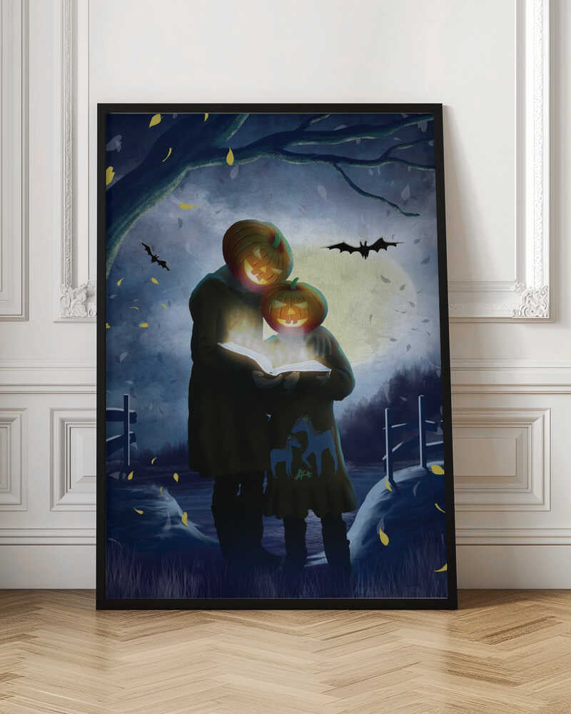 A whimsical Halloween illustration of two figures, one taller and one smaller, with glowing jack-o'-lanterns for heads. They stand together in a dark, moonlit field at night, reading from a book that radiates a bright, magical light. Bats fly across the full moon, and yellow leaves fall around them. Poster