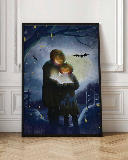 A whimsical Halloween illustration of two figures, one taller and one smaller, with glowing jack-o'-lanterns for heads. They stand together in a dark, moonlit field at night, reading from a book that radiates a bright, magical light. Bats fly across the full moon, and yellow leaves fall around them. Poster