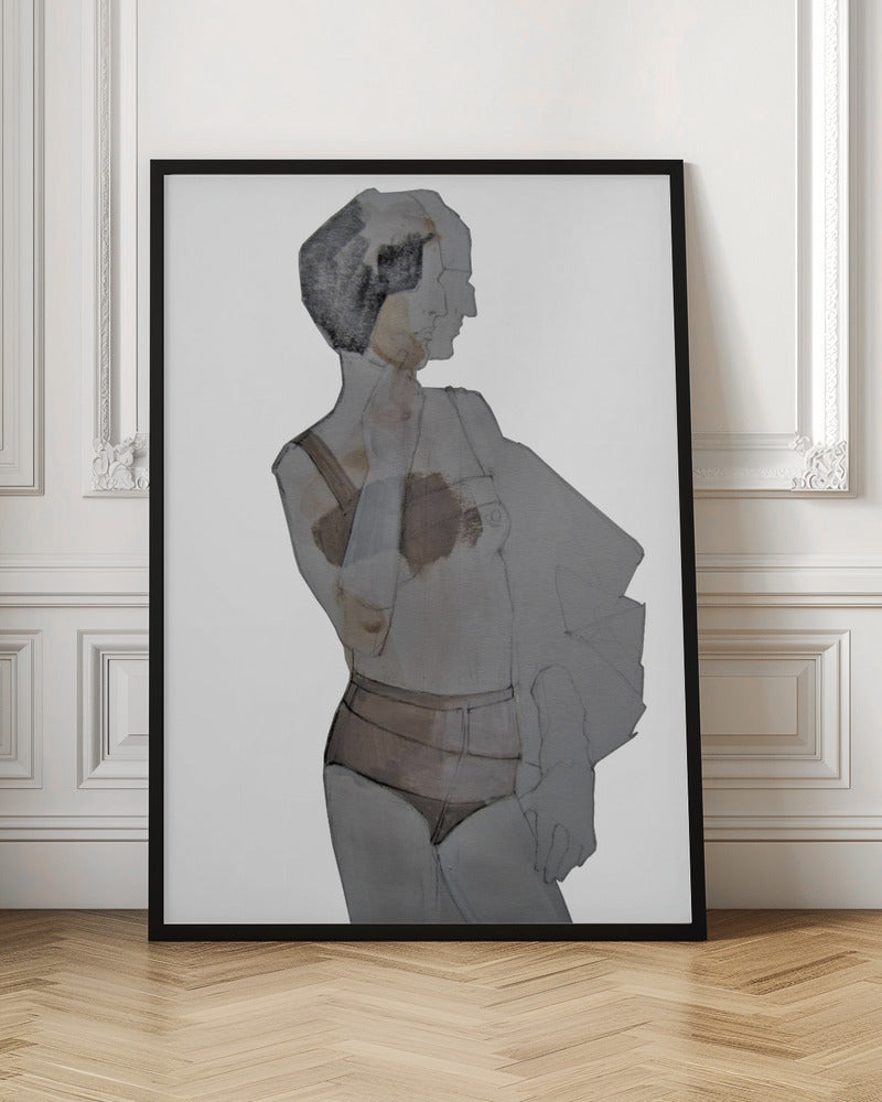 A modern abstract painting of a woman in a black frame. The figure is depicted in layered, translucent shades of gray, black, and brown against a white background. She has short dark hair and is wearing lingerie, looking away to the side. Wall Art