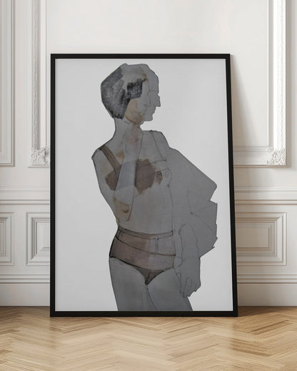 A modern abstract painting of a woman in a black frame. The figure is depicted in layered, translucent shades of gray, black, and brown against a white background. She has short dark hair and is wearing lingerie, looking away to the side. Wall Art