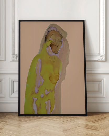 An abstract artwork of a hooded figure rendered in watercolor style against a flat peach background. The figure is primarily a vibrant yellow-green with brown and purple undertones, and its face is detailed with fine black line work. The piece is enclosed in a simple black frame. Decor