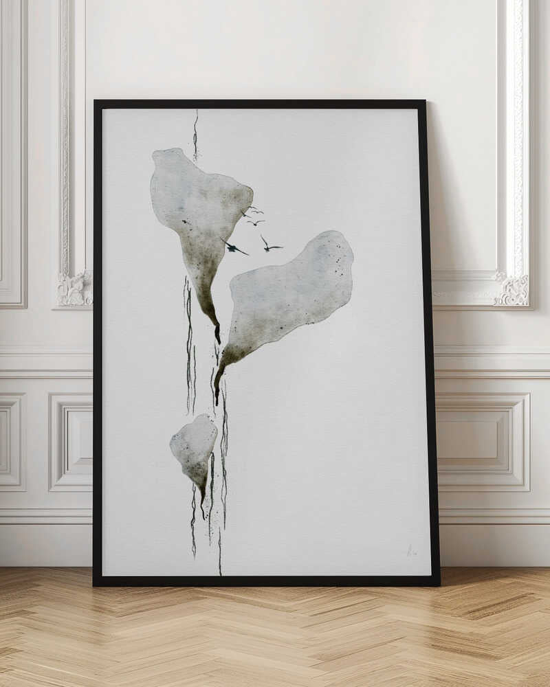 Abstract ink wash painting of floating grey islands with black drips and birds flying on a white background.