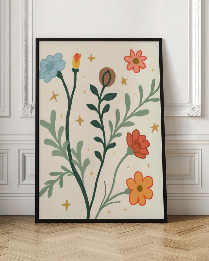 A stylized, folk-art style painting of various colorful flowers and leafy stems on a cream-colored background. The flowers are blue, red, orange, and pink, with dark and light green stems and leaves, accented by small yellow star-like sparkles. Print