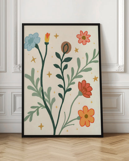 A stylized, folk-art style painting of various colorful flowers and leafy stems on a cream-colored background. The flowers are blue, red, orange, and pink, with dark and light green stems and leaves, accented by small yellow star-like sparkles. Print