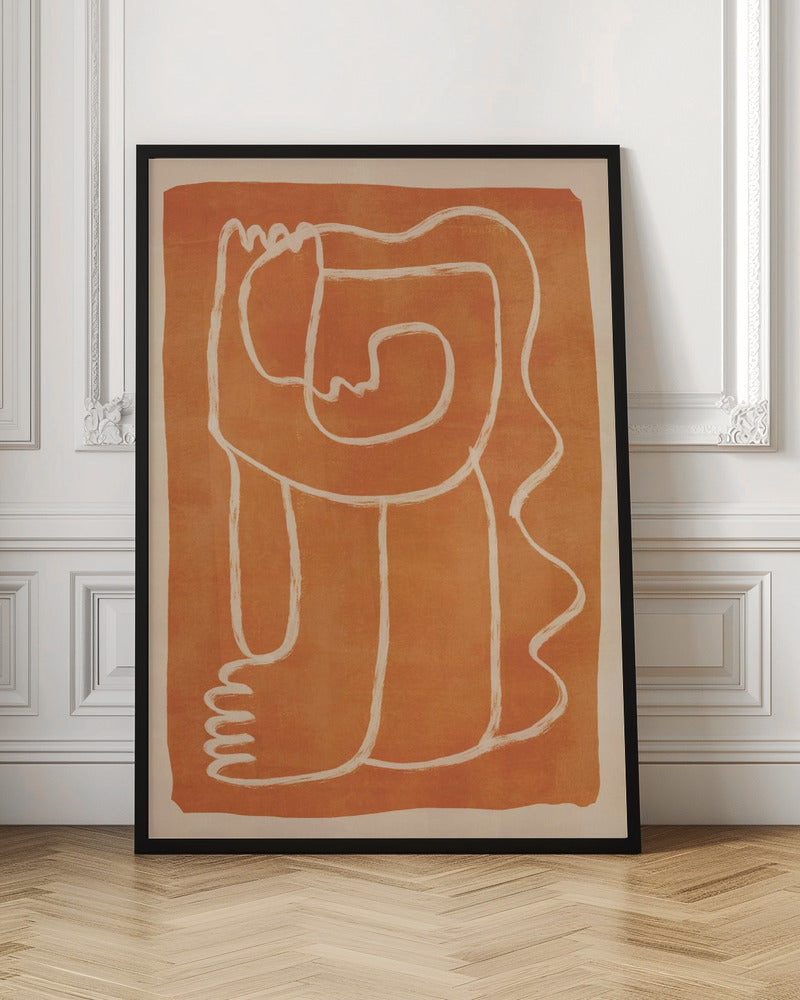 A modern abstract artwork in a black frame, featuring a single, continuous cream-colored line forming a stylized human figure against a textured, burnt orange background. Decor