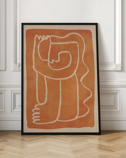 A modern abstract artwork in a black frame, featuring a single, continuous cream-colored line forming a stylized human figure against a textured, burnt orange background. Decor