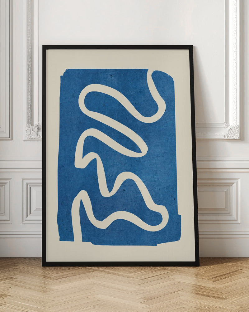 An abstract art piece in a black frame, featuring a solid, textured blue shape on a cream background. A single, thick, meandering white line flows from the top to the bottom within the blue area, creating a simple yet dynamic composition. Decor