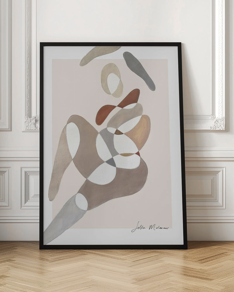 An abstract painting by Jetta Molenaar in a black frame, featuring a composition of overlapping, organic shapes in muted earth tones like brown, grey, and beige against a pale pinkish-beige background. The shapes vaguely suggest a reclining human figure. Artwork