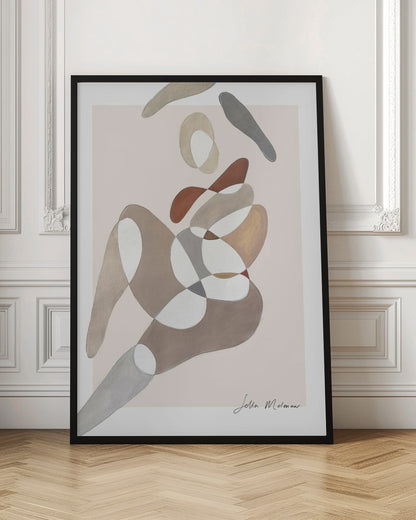 An abstract painting by Jetta Molenaar in a black frame, featuring a composition of overlapping, organic shapes in muted earth tones like brown, grey, and beige against a pale pinkish-beige background. The shapes vaguely suggest a reclining human figure. Artwork