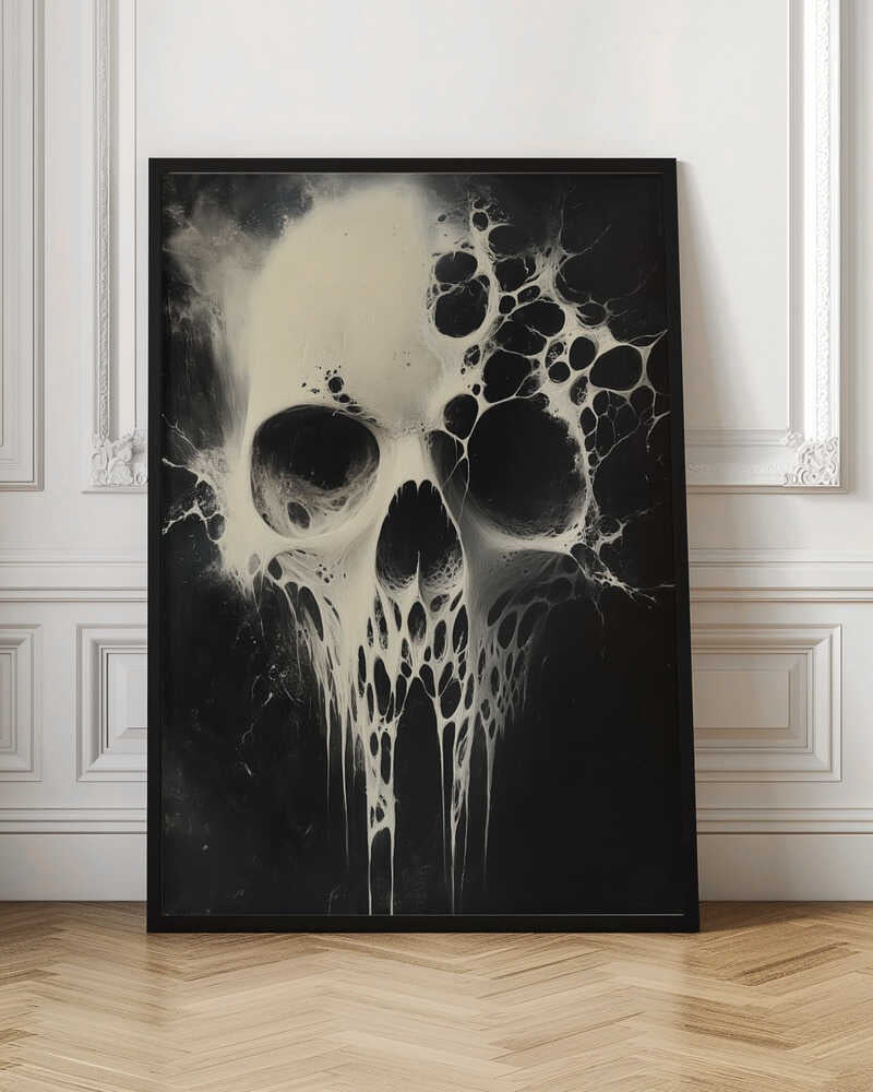 A striking black and white abstract painting of a human skull. The skull is rendered in off-white against a deep black background and appears to be dissolving or covered in a viscous, web-like substance that drips down from the jaw and spreads out from the sides. Print