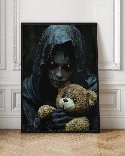 A creepy, hooded figure with glowing yellow eyes and a scarred face holds a well-loved brown teddy bear, creating a stark contrast between horror and innocence in a dark, moody setting. Wall Art