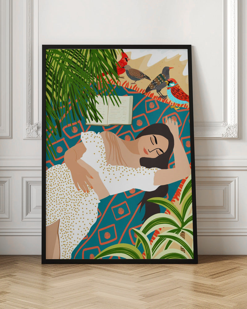 A vibrant illustration of a woman in a white dotted dress sleeping on a patterned teal and orange blanket on a beach. An open book lies beside her, while several colorful birds, including a red cardinal, stand nearby. Large green palm leaves frame the scene. Decor