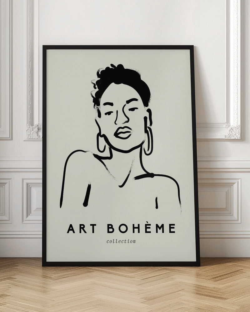 A framed minimalist art print featuring a black ink line drawing of a woman with curly hair and hoop earrings on a beige background. The text 'ART BOHÈME collection' is printed below the portrait. Poster
