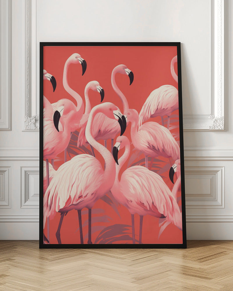 A vibrant, stylized art print featuring a dense flock of pink flamingos with black-tipped beaks against a solid coral background, framed in black. Artwork