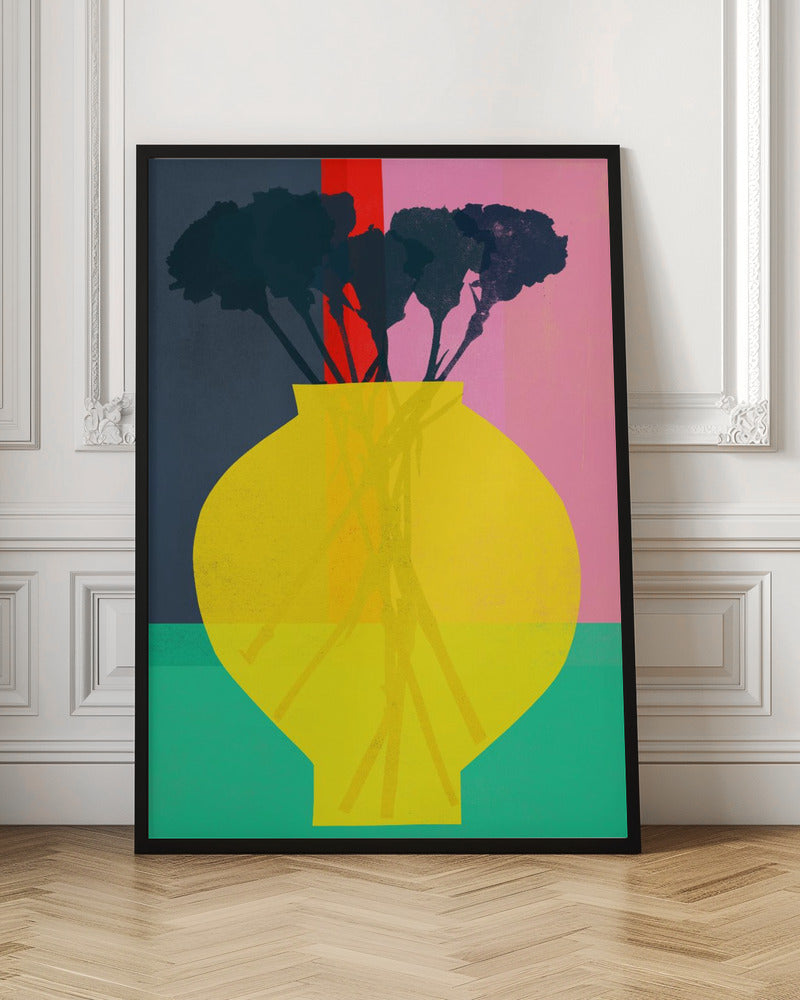 An abstract art print depicting a still life. A large, vibrant yellow vase sits in the foreground, holding the dark silhouette of a bouquet of flowers. The background is sectioned into bold, vertical color blocks of dark blue, red, and pink, with a teal surface at the bottom. Decor