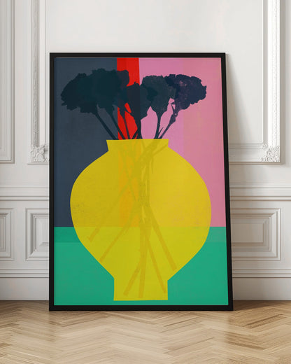 An abstract art print depicting a still life. A large, vibrant yellow vase sits in the foreground, holding the dark silhouette of a bouquet of flowers. The background is sectioned into bold, vertical color blocks of dark blue, red, and pink, with a teal surface at the bottom. Decor