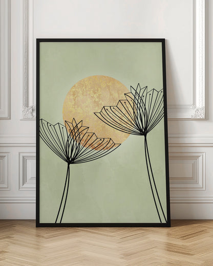 A minimalist botanical artwork featuring two stylized black line-art flowers against a pale sage green background. Behind the flowers is a large, textured golden sun, creating a serene and modern composition. Decor