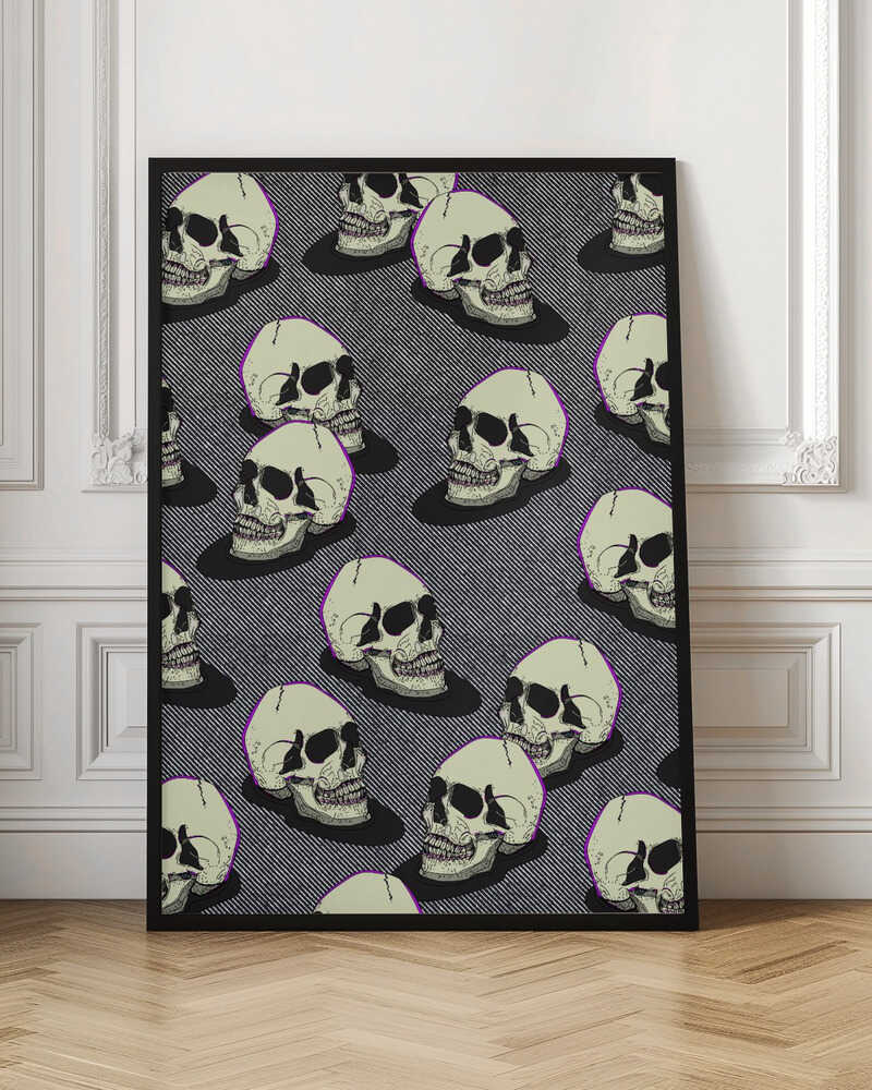 A graphic art print in a black frame featuring a repeating pattern of stylized off-white skulls. The skulls have a thin purple outline and are set against a background of fine black and white diagonal stripes, creating a pop art or comic book effect. Wall Art